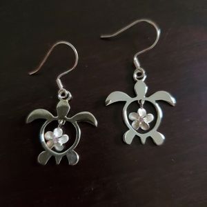 Silver turtle earrings pink flower